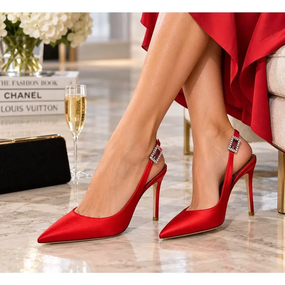 Saks Fifth Avenue Red Satin Crystal Buckle Slingback Pumps Heels Size 40